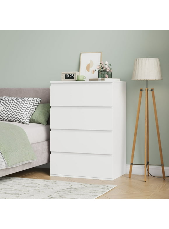 Homfa 4 Drawer White Dresser, Modern Storage Cabinet for Bedroom, Vertical Chest of Drawers Wood Nightstand for Living Room