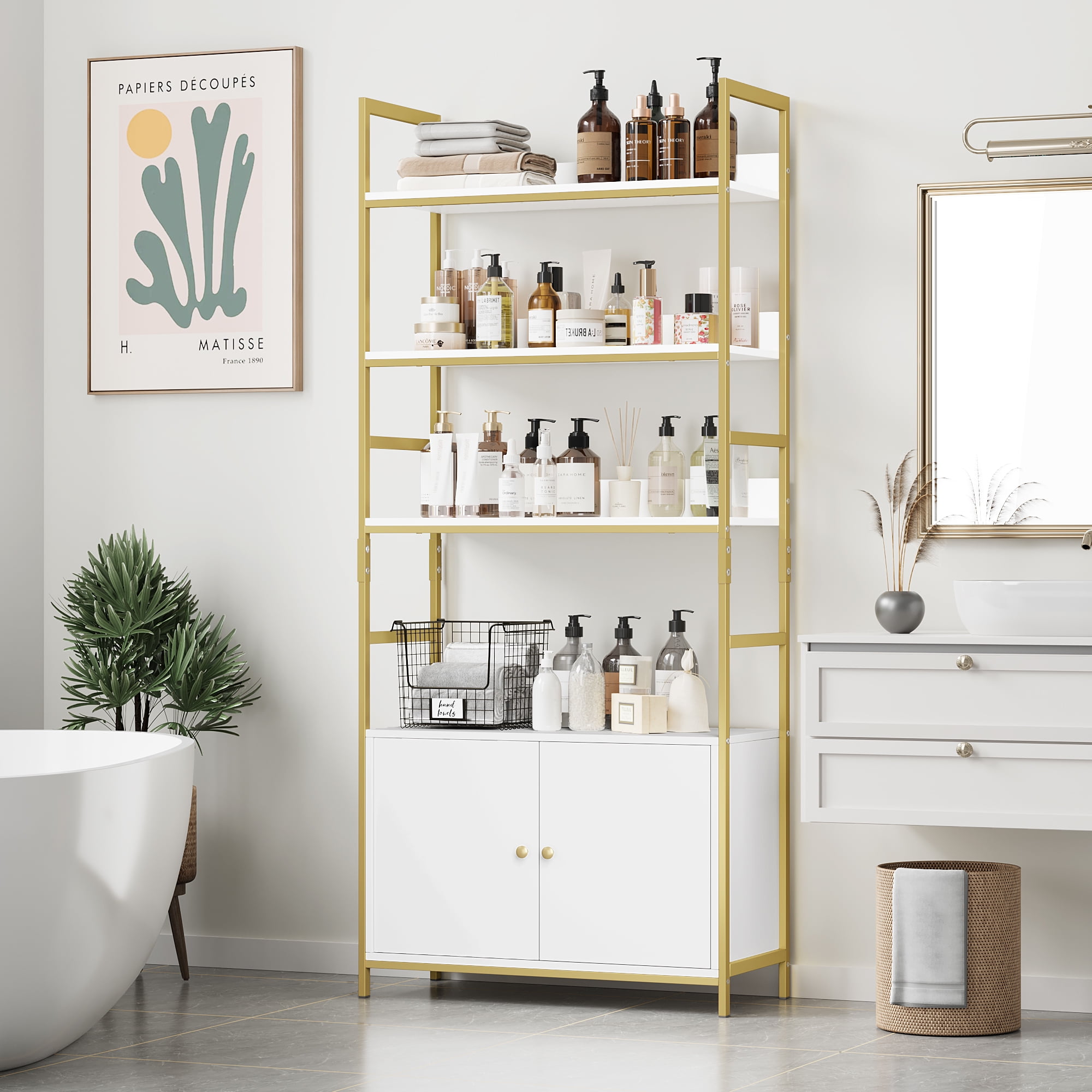 Homfa 4-Tier Bathroom Shelves with Storage Cabinet, Sturdy Metal Frame ...
