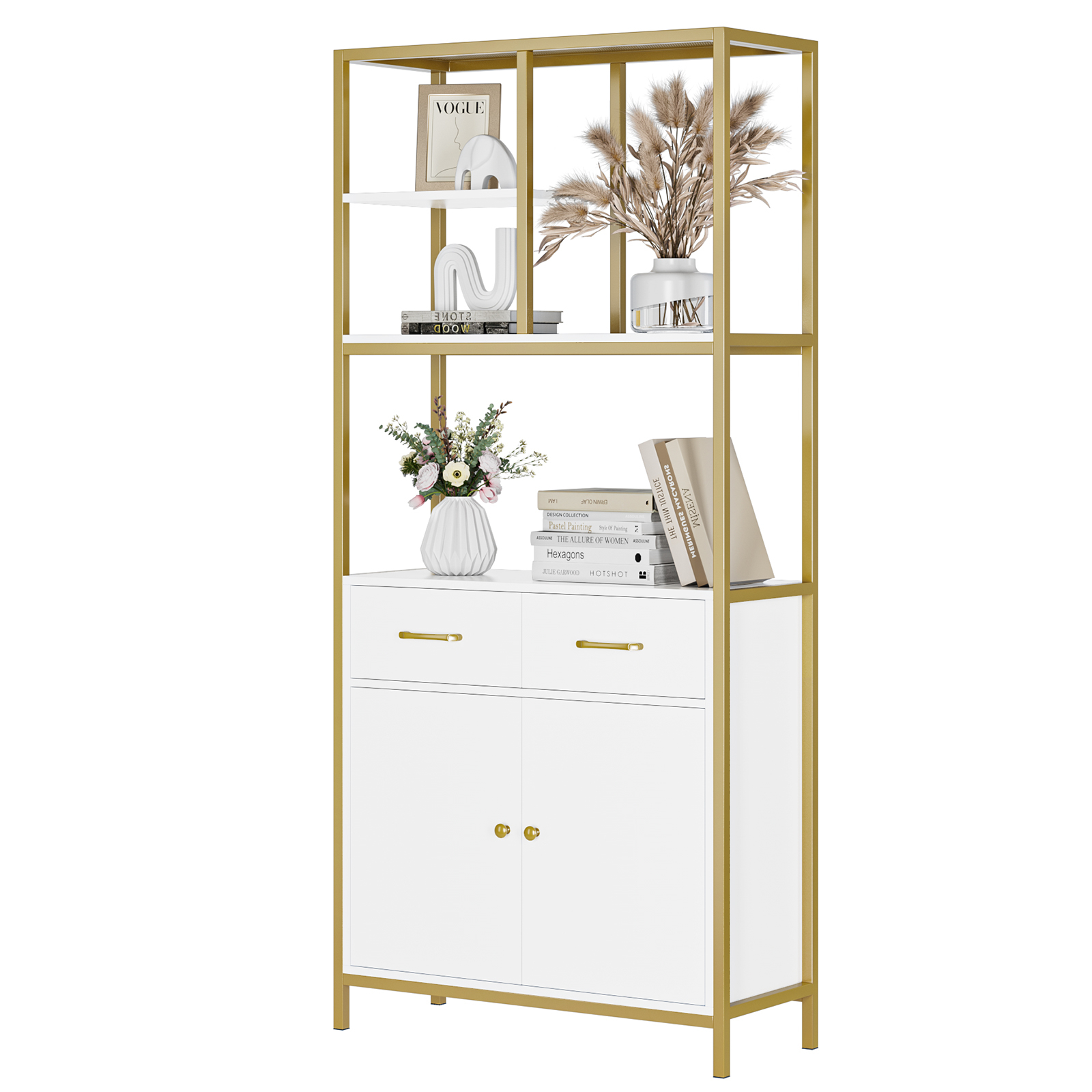 TribeSigns Gold Bookcase with Doors, 4Tier White Etagere Standard Bookshelf with Storage