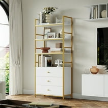 Homfa 4 Tier Gold Bookcase with 3 Drawers, Free Standing Bookshelf with Metal Frame for Office Study Room, White Finish