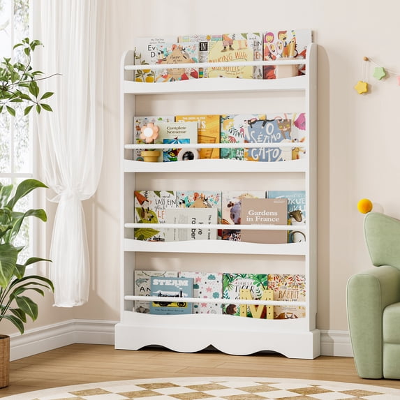 Homfa 4-Tier Book Shelf, White Kid's Bookshelf,E1 MDF Storage Bookcase with Safe Rounded Edges, Anti-Tip Open Shelving Unit for Nursery Playroom Bedroom