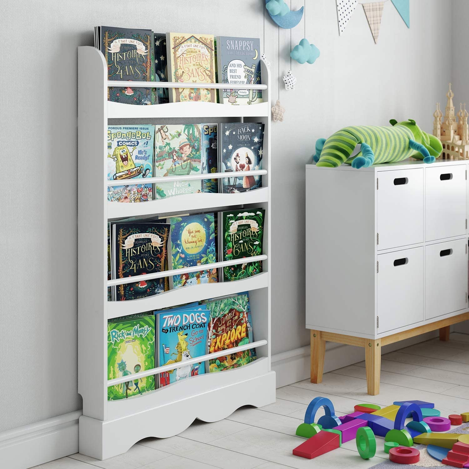 Homfa 4-Tier Kids Bookshelf, 4 Wall Mounted Bookcase Rack for Children Study Living Room Bedroom, White Finish