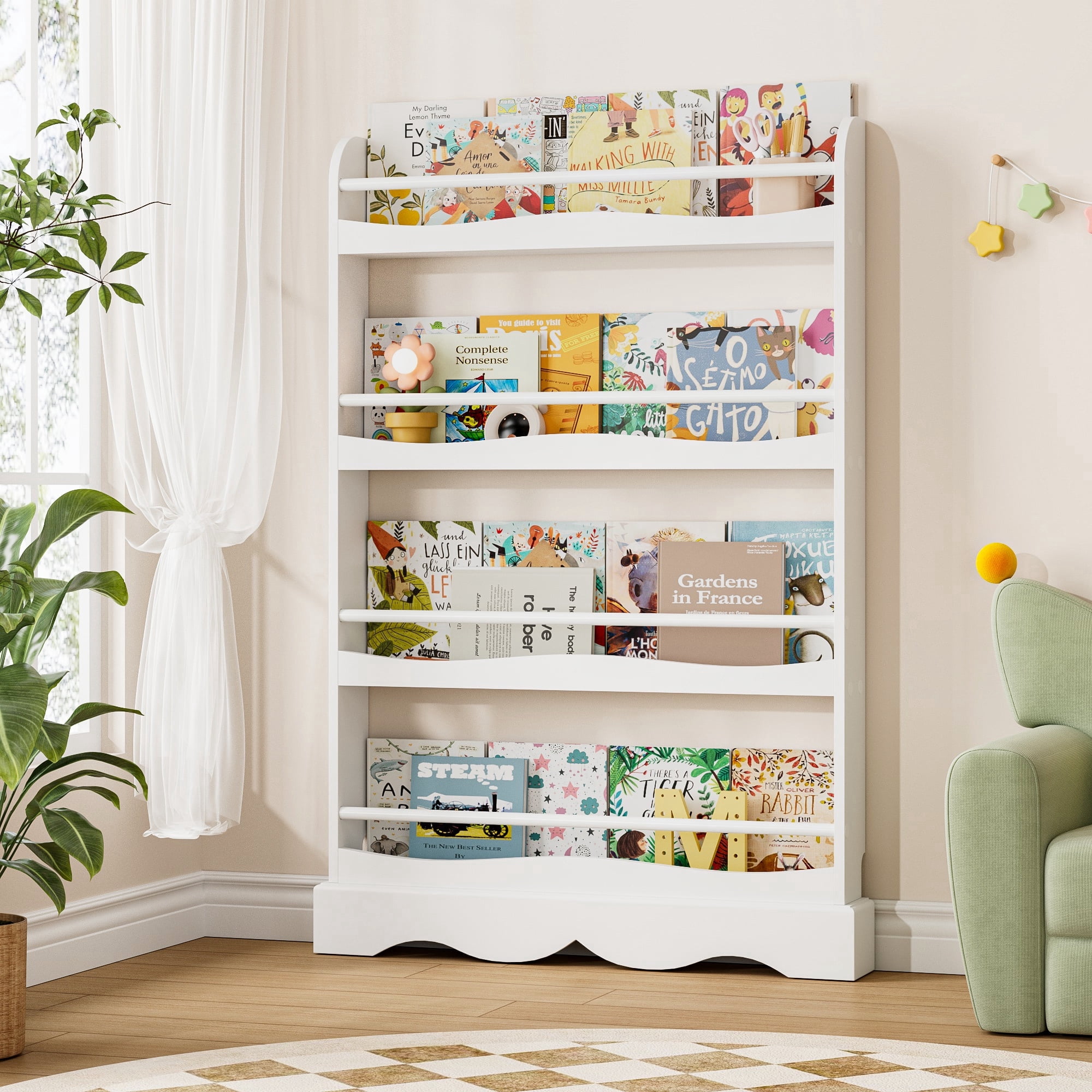 Homfa 4-Tier Book Shelf, White Kid's Bookshelf,E1 MDF Storage Bookcase with Safe Rounded Edges, Anti-Tip Open Shelving U