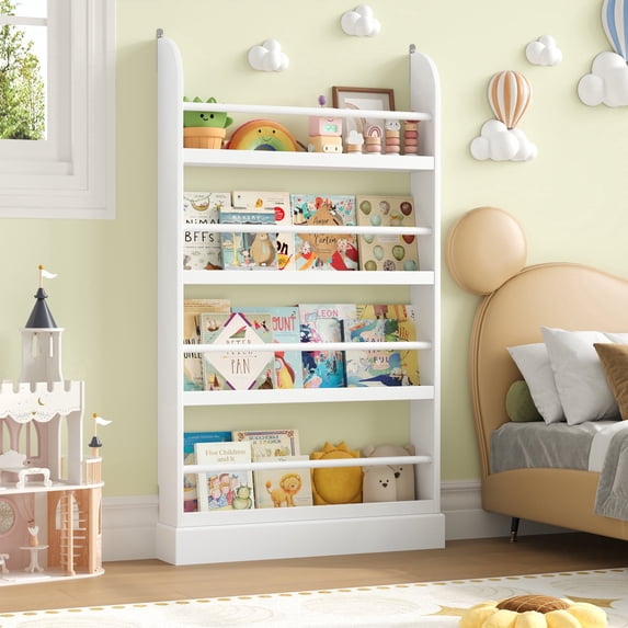 Homfa 4-Tier Kids Bookshelf, Wall-Mounted Wooden Book Storage Organizer for Nursery Bedroom Playroom Kids Room, White