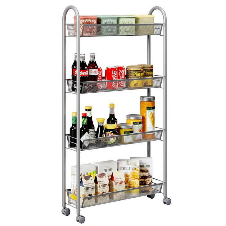 Homfa 4 Tier Slim Slide Out Storage Tower Gap Rolling Cart Kitchen Laundry  Bathroom, 22L x 6.3W x 41.3H, Silver 