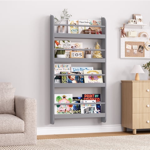 Homfa 4-Tier Wall Bookshelf, 43.7"H Wall Mounted Kids Bookshelf, Book Storage Rack for Kids Room, Gray