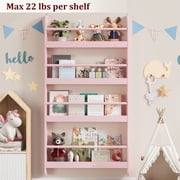 Homfa 4-Tier Wall Bookshelf, 43.7H Wall-Mounted Kids Bookshelf, Book Storage Rack for Kids Room, Pink