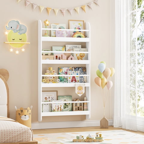 Homfa 4-Tier Wall Bookshelf, 44.5"H Wall-Mounted Kids Bookshelf, Book Storage Rack for Kids Room, White