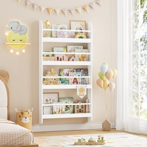 Homfa 4-Tier Wall Bookshelf, 44.5"H Wall-Mounted Kids Bookshelf, Book Storage Rack for Kids Room, White