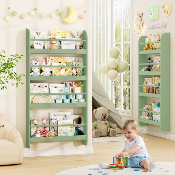 Homfa 4-Tier Wall Bookshelf Set of 2, 43.7"H Wall-Mounted Kids Bookshelf, Book Storage Rack for Kids Room, Green