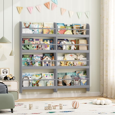 Homfa 4-Tier Wall Bookshelf Set of 2, 43.7"H Wall-Mounted Kids Bookshelf, Book Storage Rack for Kids Room, Gray