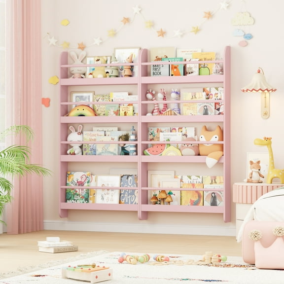 Homfa 4-Tier Wall Bookshelf Set of 2, 43.7"H Wall-Mounted Kids Bookshelf, Book Storage Rack for Kids Room, Pink