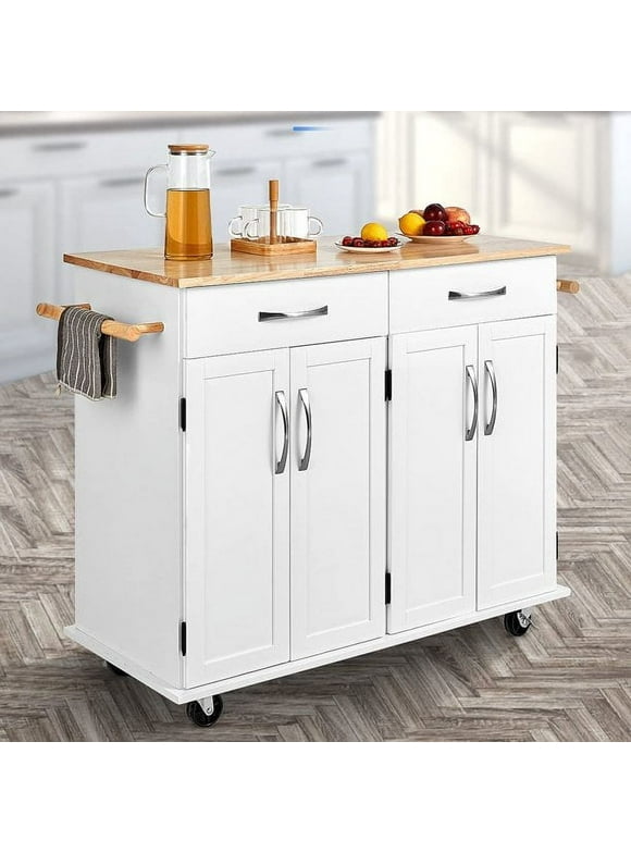 Homfa 41.7'' Kitchen Island Cart on Wheels with 2 Drawers & 4 Doors, Rolling Storage Cart with Adjustable Shelves & Rubber Wood Top, White