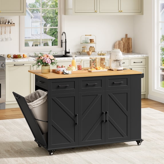 Homfa 41" Kitchen Island with Drop Leaf and Power Outlet, Rolling Kitchen Cart on Wheels with 3 Drawers, Spice Rack, Trash Bin Cabinet, Black