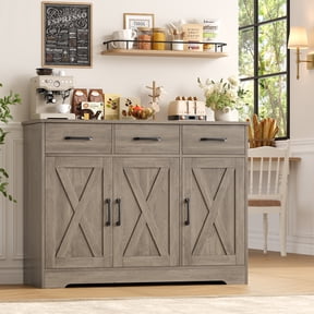 Homfa 42.5'' Kitchen Buffet Sideboard Cabinet, 3 Drawers Farmhouse Barn Doors Wood Coffee Bar Storage Cabinet with Adjustable Shelf, Wash Gray