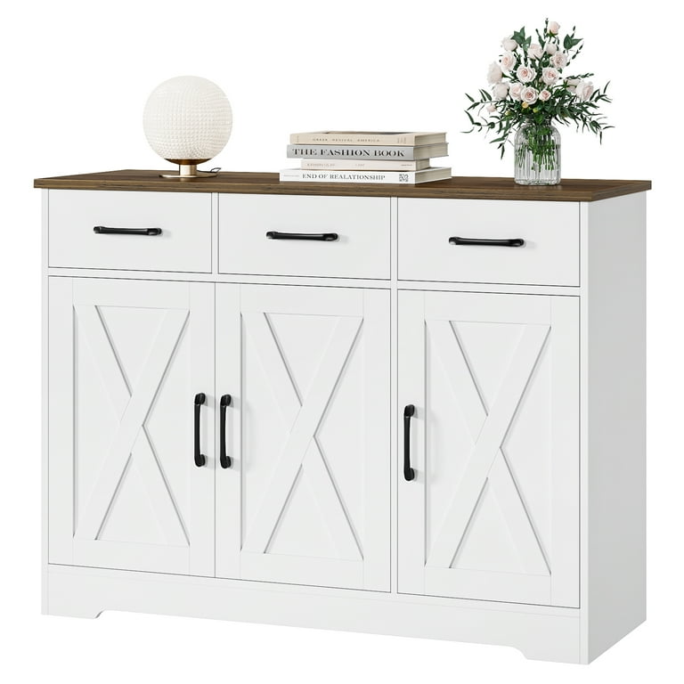 Homfa 42.5 Kitchen Buffet Sideboard Cabinet 3 Drawers Farmhouse Coffee Bar Storage Cabinet with Adjustable Shelf White