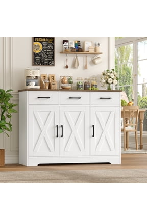 42.5'' Kitchen Buffet Sideboard Cabinet, 3 Drawers Farmhouse Coffee Bar Storage Cabinet with Adjustable Shelf, White