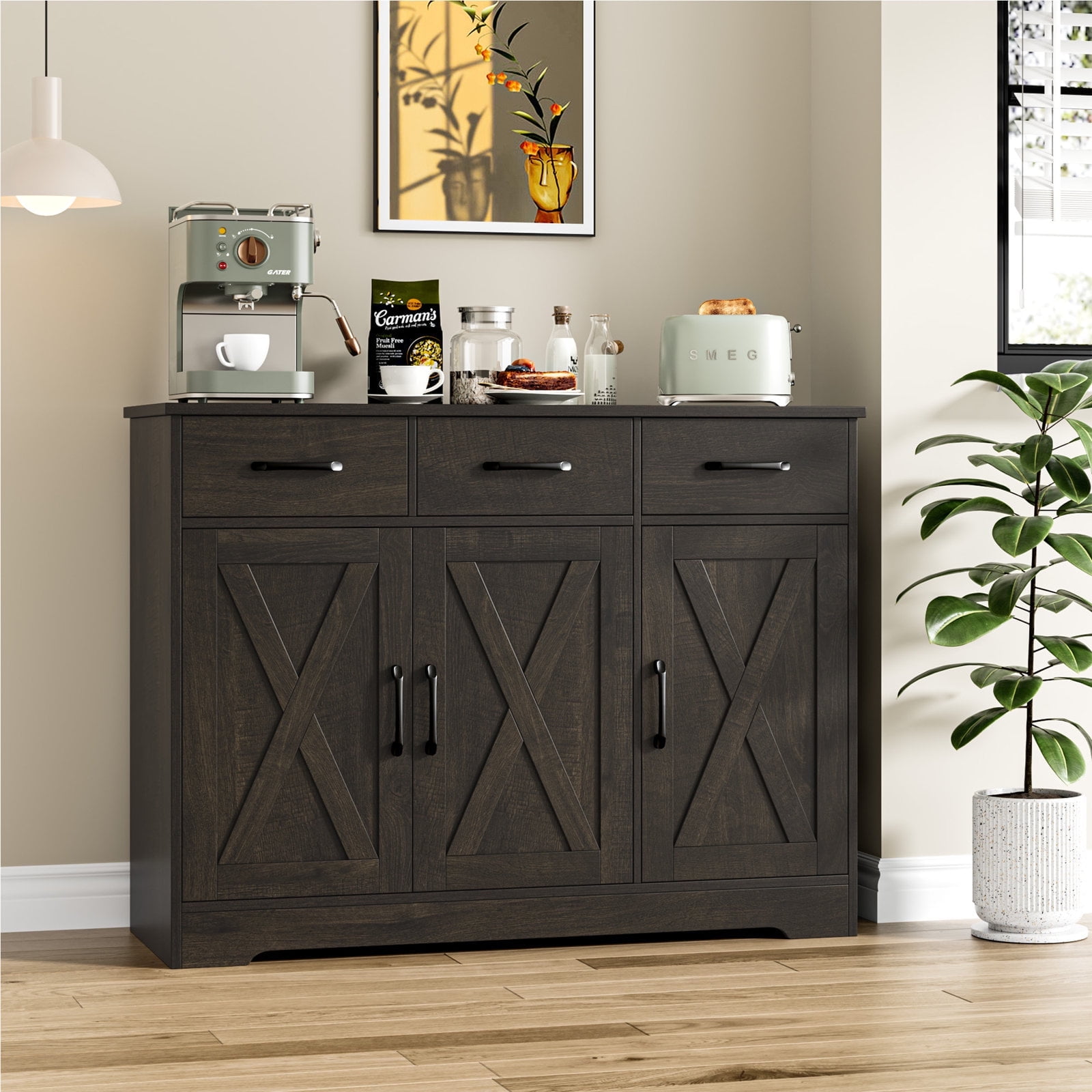 Homfa 42.5 Kitchen Buffet Sideboard Cabinet 3 Drawers Farmhouse Storage Cabinet with Adjustable Shelf Dark Brown