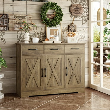 Homfa 42.5’’ Kitchen Buffet Sideboard Cabinet, 3 Drawers Farmhouse Storage Cabinet with Adjustable Shelf, Rustic Brown