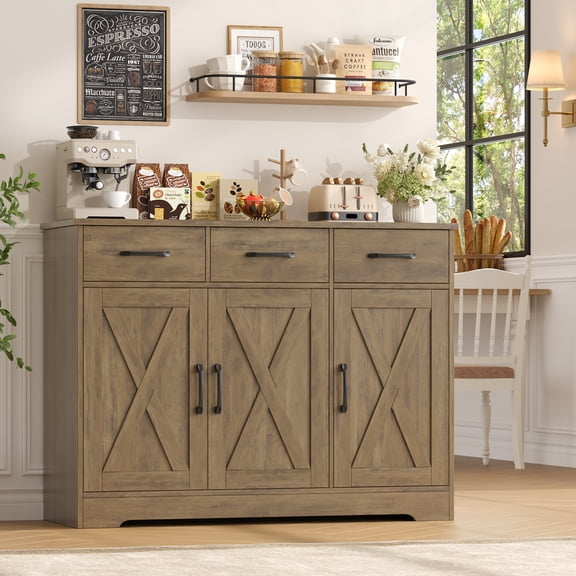 Homfa 42.5’’ Kitchen Buffet Sideboard Cabinet, 3 Drawers Farmhouse Storage Cabinet with Adjustable Shelf, Rustic Brown