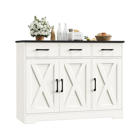 Homfa 42.5”W Farmhouse Kitchen Sideboard Cabinet,3 Drawers Storage Cabinet with Adjustable Shelf, Black and White
