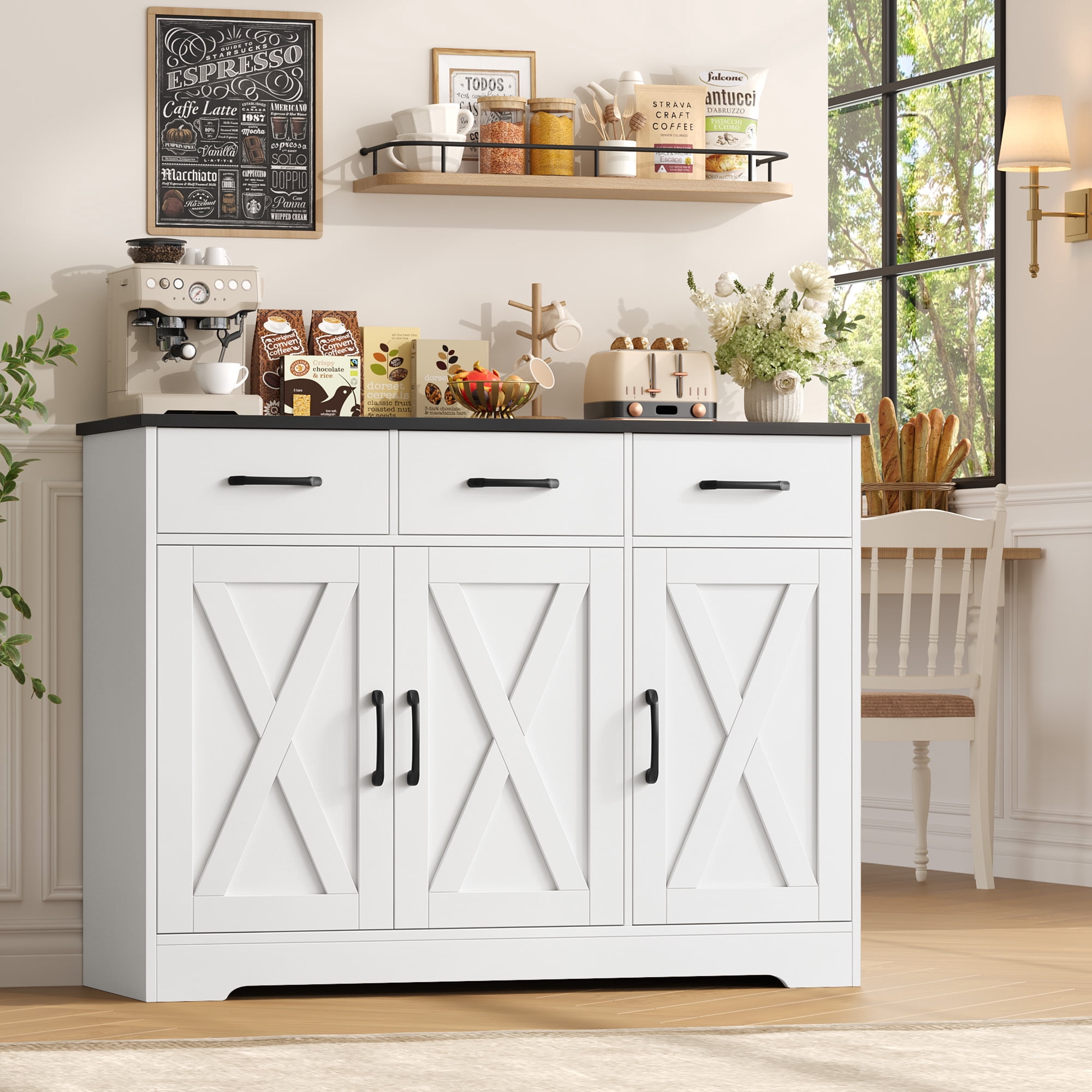 Homfa 42.5”W Farmhouse Kitchen Sideboard, 3 Drawers Storage