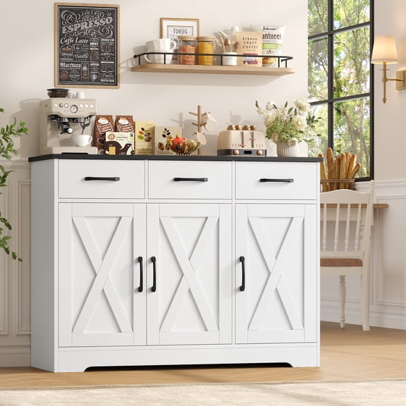 Homfa 42.5”W Farmhouse Kitchen Sideboard Cabinet,3 Drawers Storage Cabinet with Adjustable Shelf, Black and White