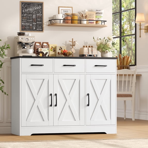 Homfa 42.5”W Kitchen Buffet Sideboard Cabinet,3 Drawers Farmhouse Coffee Bar Storage Cabinet with Adjustable Shelf, Black White