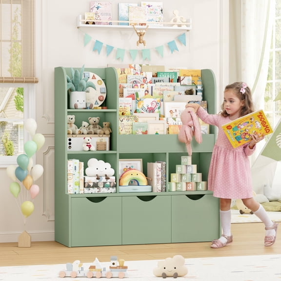 Homfa 42.5''W Kid's Bookcase, Bookshelf with 5 Storage Cubbies & 3 Movable Drawers & Toy Display Shelf, Toy Storage Organizer for Bedroom Playroom, Green