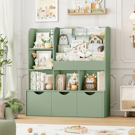 Homfa 42.5" W Kids Bookcase, Toy Storage Organizer with 5 Cubbies, Bookshelf with 3 Movable Drawers & Display Shelf, Green