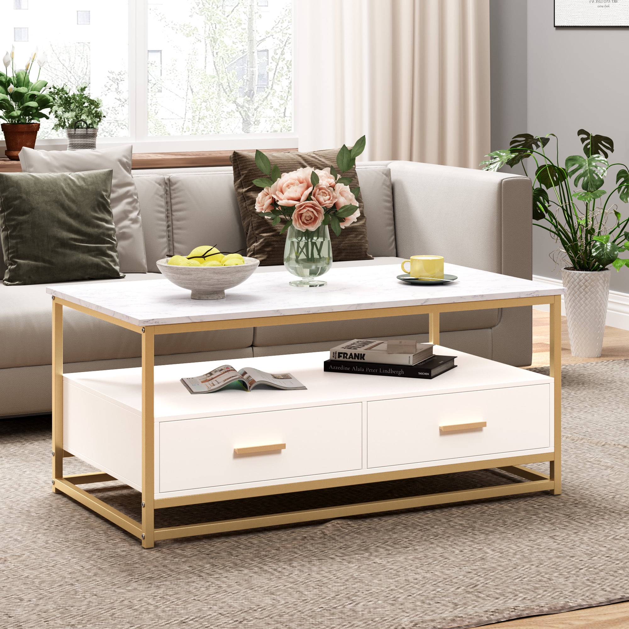 Homfa 42.5'' White Coffee Table with 2 Drawers, 2Tier Open Shelf