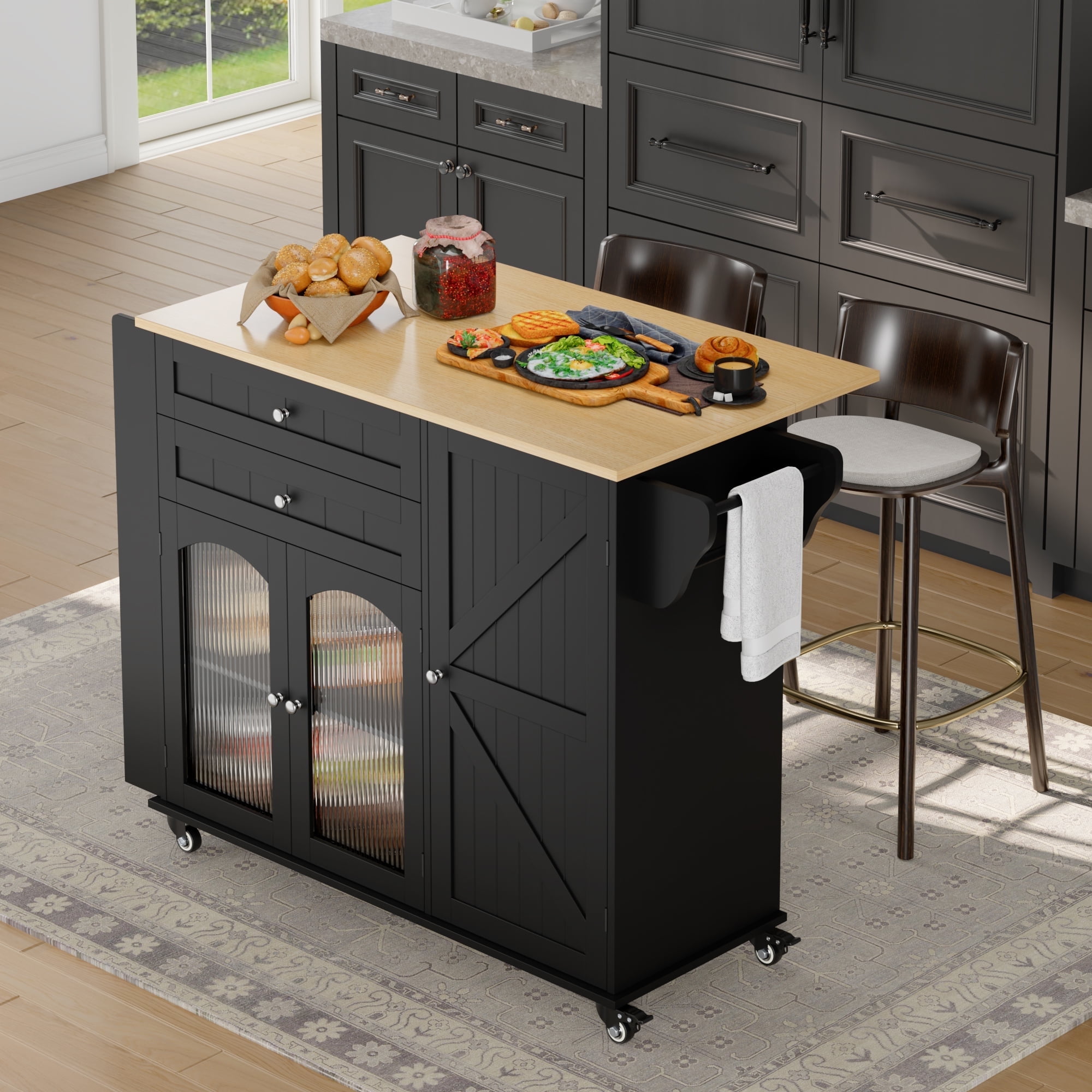 Homfa 43.3" Portable Kitchen Island Cart with Drop Leaf, 3-Doors 2-Drawers Wood Rolling Storage Cart with Spice Rack and Lockable Wheels, Black