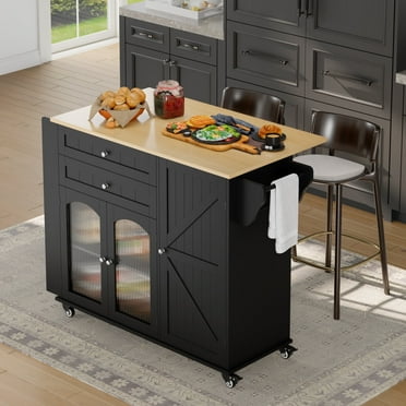 Homfa 43.3" Portable Kitchen Island Cart with Drop Leaf, 3-Doors 2-Drawers Wood Rolling Storage Cart with Spice Rack and Lockable Wheels, Black