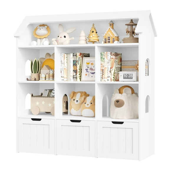 Homfa 46.3”H Kids Storage Organizer with 3 Removable Drawers, 6 Cube Children's Bookcase with Roof-Shaped Top for Playroom Kids Room, White