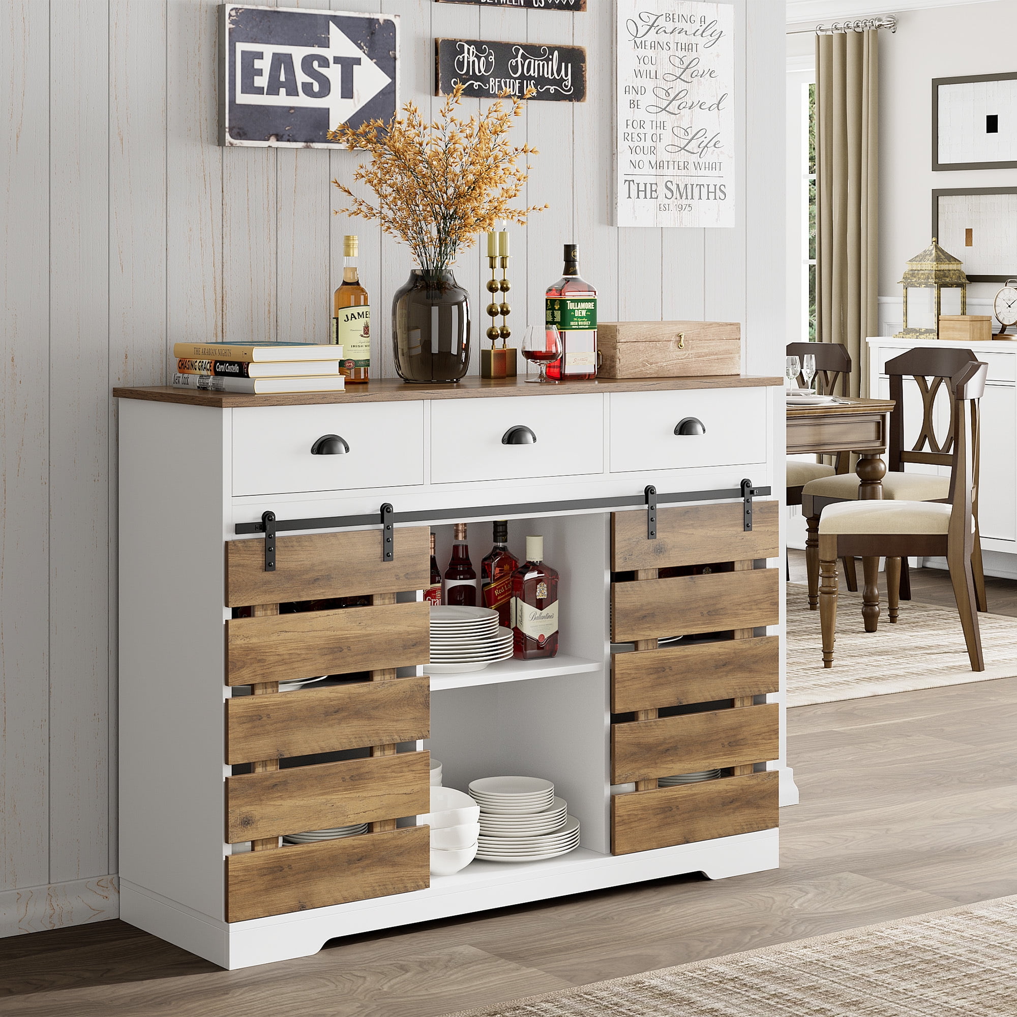 Homfa 47.2‘’ Kitchen Buffet Cabinet, 3 Drawers Farmhouse Coffee Bar ...