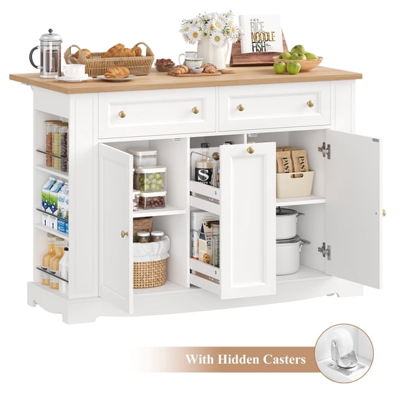 Homfa Mobile Kitchen Island with Rubberwood Countertop, 3 Drawer 2 Door Kitchen Cart with Drop Leaf and Casters for Kitchen Dining Room, White