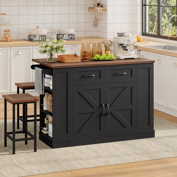 Homfa 47.2'' Kitchen Island with Drop Leaf and Charging Station, Portable Kitchen Island with Storage and 2 Seating, Black Rolling Cart with Wheels for Kitchen, Dining Table for 2