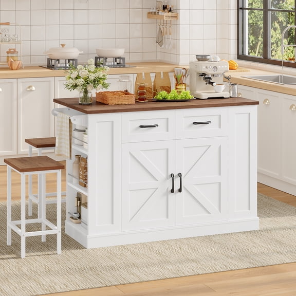 Homfa 47.2'' Kitchen Island with Drop Leaf and Charging Station, Portable Kitchen Island with Wheels, White Rolling Cart with Storage for Kitchen Dining Room