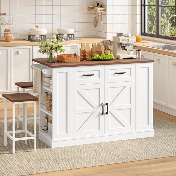 Homfa 47.2'' Kitchen Island with Drop Leaf and Charging Station, Portable Kitchen Island with Storage and 2 Seating, White Rolling Cart with Wheels for Kitchen, Dining Table for 2