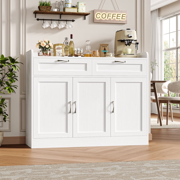 Homfa 47.2" Kitchen Sideboard Buffet Cabinet with 2 Drawer, 3 Door Wooden Storage Cabinet with Adjustable Shelf for Dining Room, White