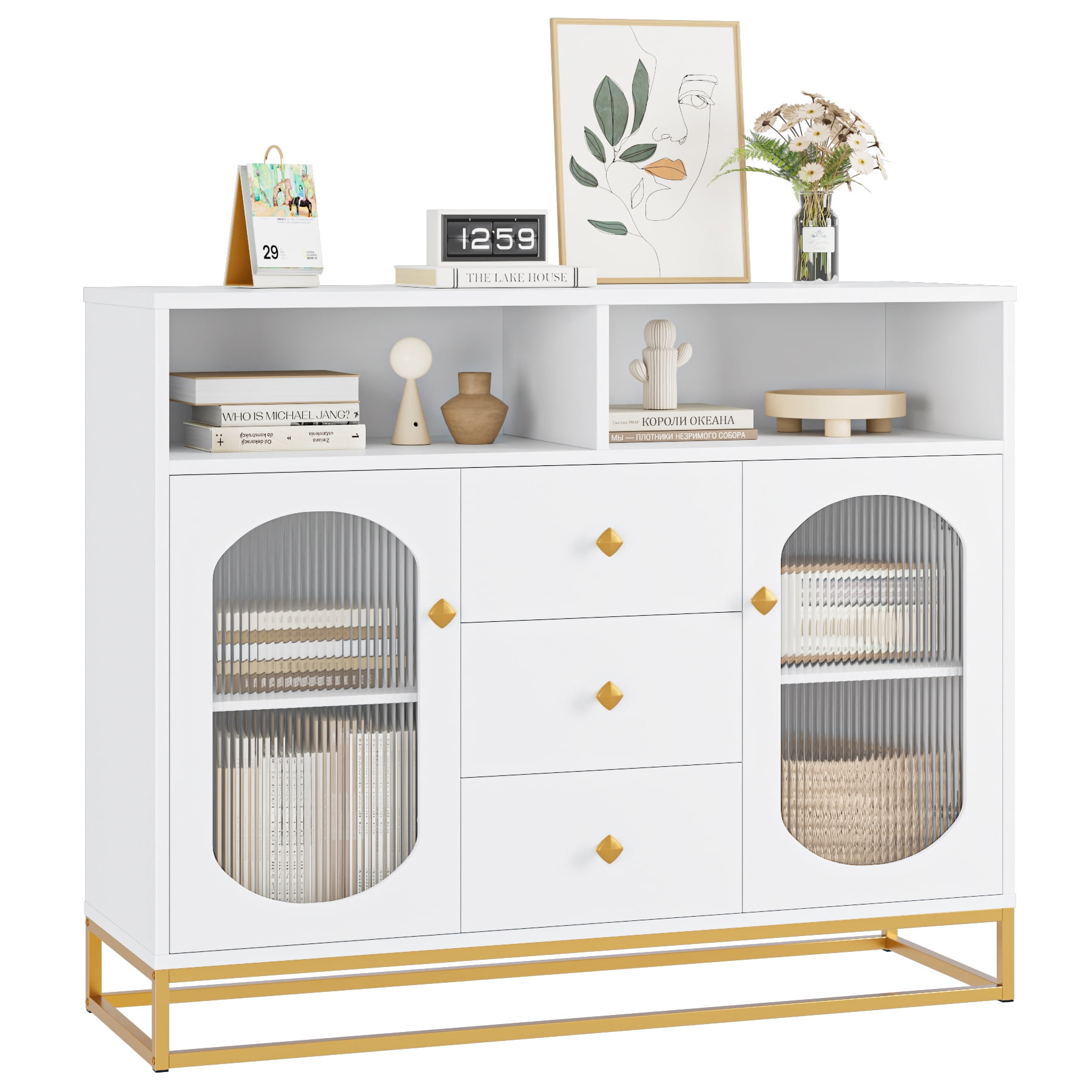 Homfa 47.2'' Sideboard Storage 3 Drawers Buffet with Glass Doors for Kitchen