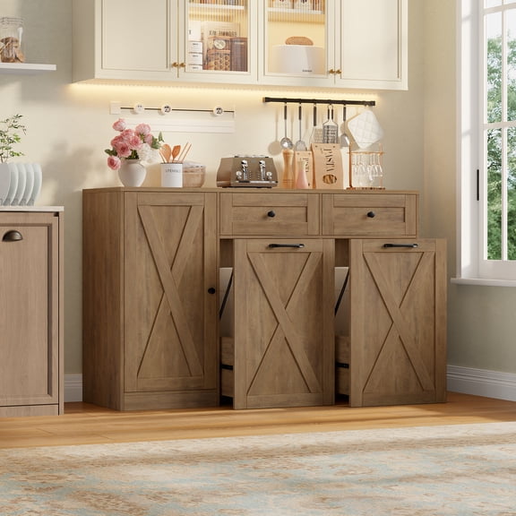 Homfa 47.2"W Kitchen Sideboard Credenza, Trash Can Cabinets Fits 12.5 Gallon Can, 2 Drawer Wood Buffet Storage Cabinet with Adjustable Shelf, Rustic Brown