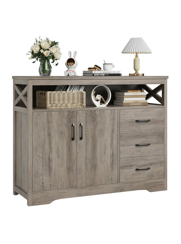 Homfa 47.2"W Kitchen Sideboard with Hutch, 3 Drawer Buffet Cabinet with 2 Doors for Dining Room, Gray
