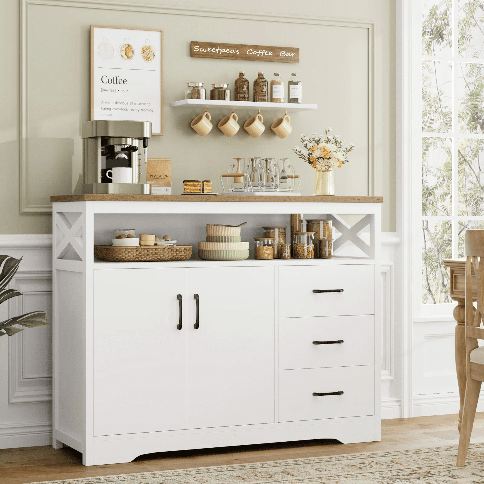 Homfa 47.2"W Kitchen Sideboard with Hutch, 3 Drawer Buffet Cabinet with 2 Doors for Dining Room, White
