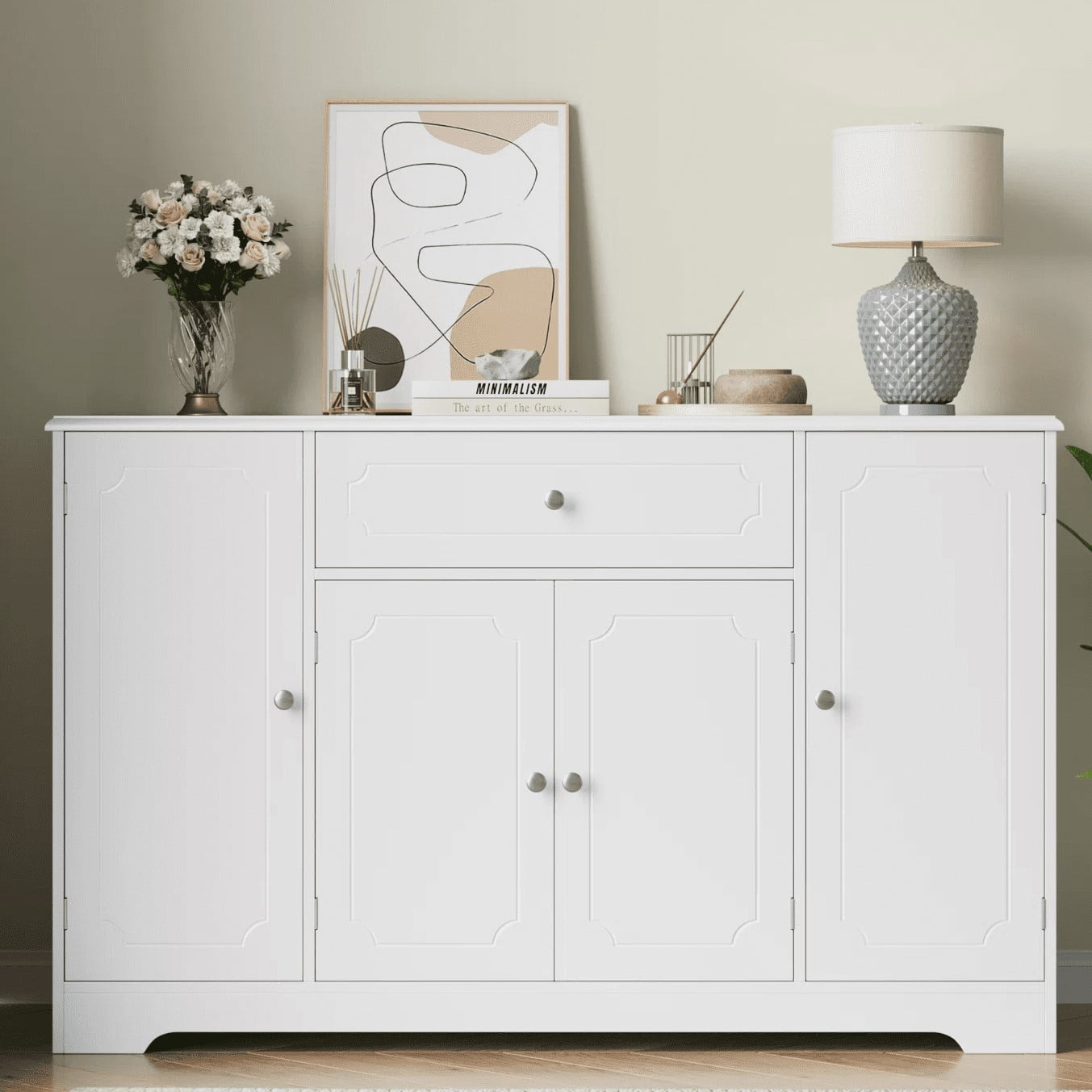 Homfa 47.2" Wood Sideboard with Drawer, 4 Door Buffet Storage Cabinet with Adjustable Shelves for Kitchen Dining Room, White