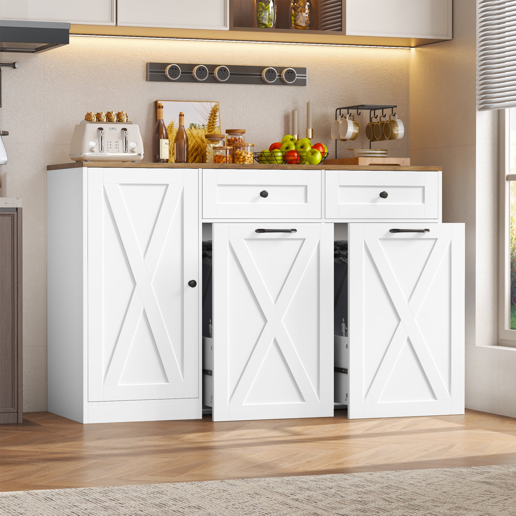 Homfa 47.2"W Kitchen Sideboard Credenza, Trash Can Cabinets Fits 12.5 Gallon Can, 2 Drawer Wood Buffet Storage Cabinet with Adjustable Shelf, White - Walmart.com