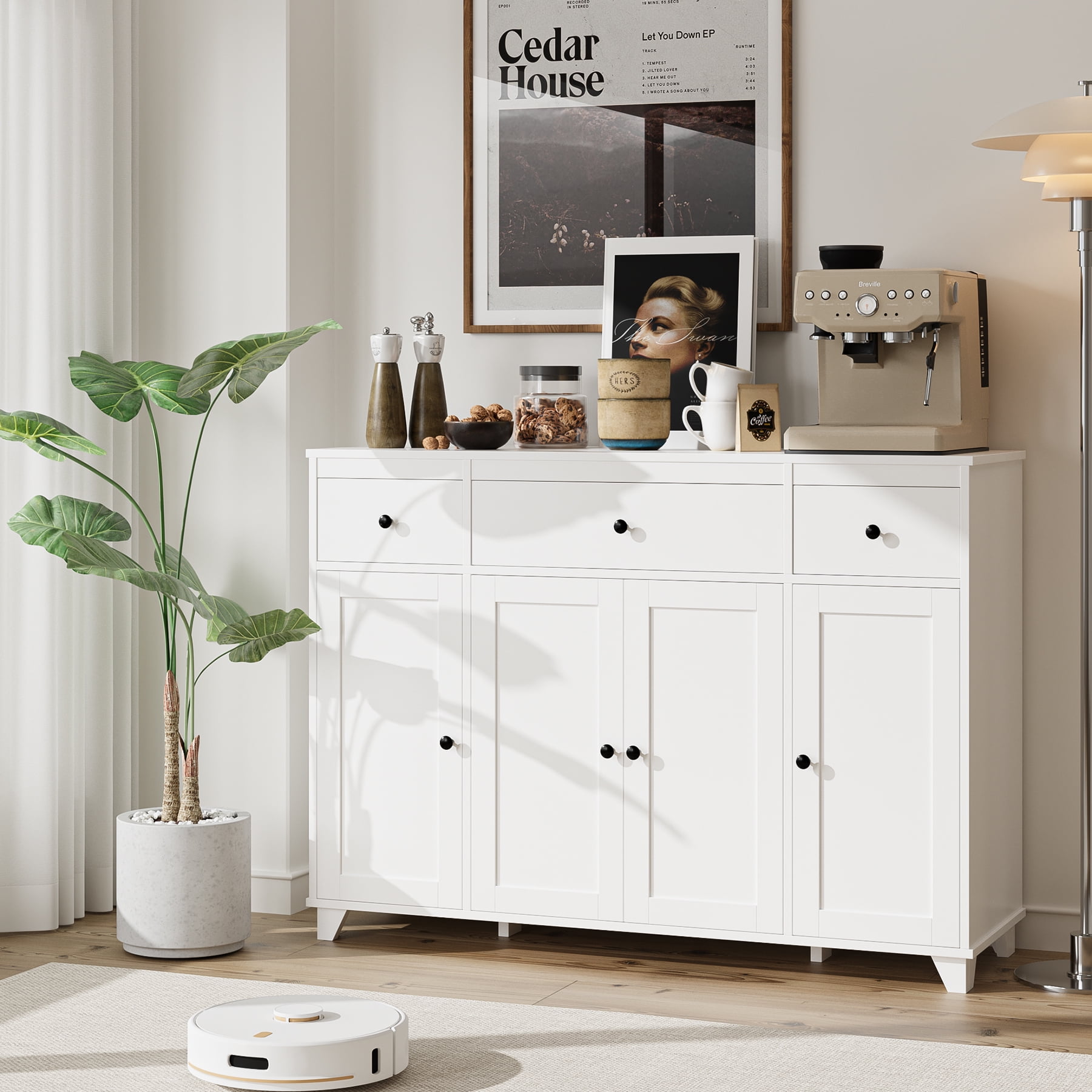 Homfa 47 Buffet Cabinet White Sideboard Storage Cabinet with 3 Drawers Modern Coffee Bar Cabinet for Kitchen Dining Living Room