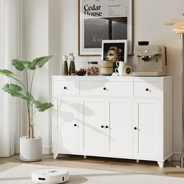 Homfa 47'' Buffet Cabinet, White Sideboard Storage Cabinet with 3 Drawers, Modern Coffee Bar Cabinet for Kitchen Dining Living Room