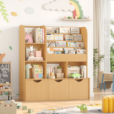 Homfa 47''W Kid's Bookcase, Bookshelf with 5 Storage Cubbies & 3 Movable Drawers & Toy Display Shelf, Toy Storage Organizer for Bedroom Playroom, Nature