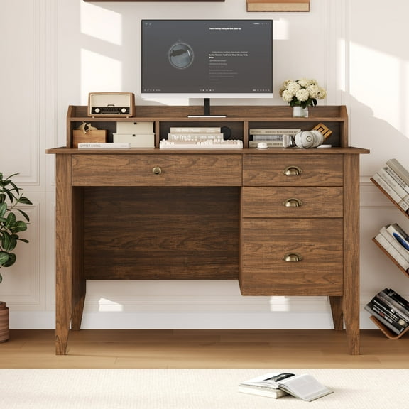 Homfa 47 in Computer Desk, Home Office Writing Table with 4 Drawers & Hutch Shelf, Rustic Brown